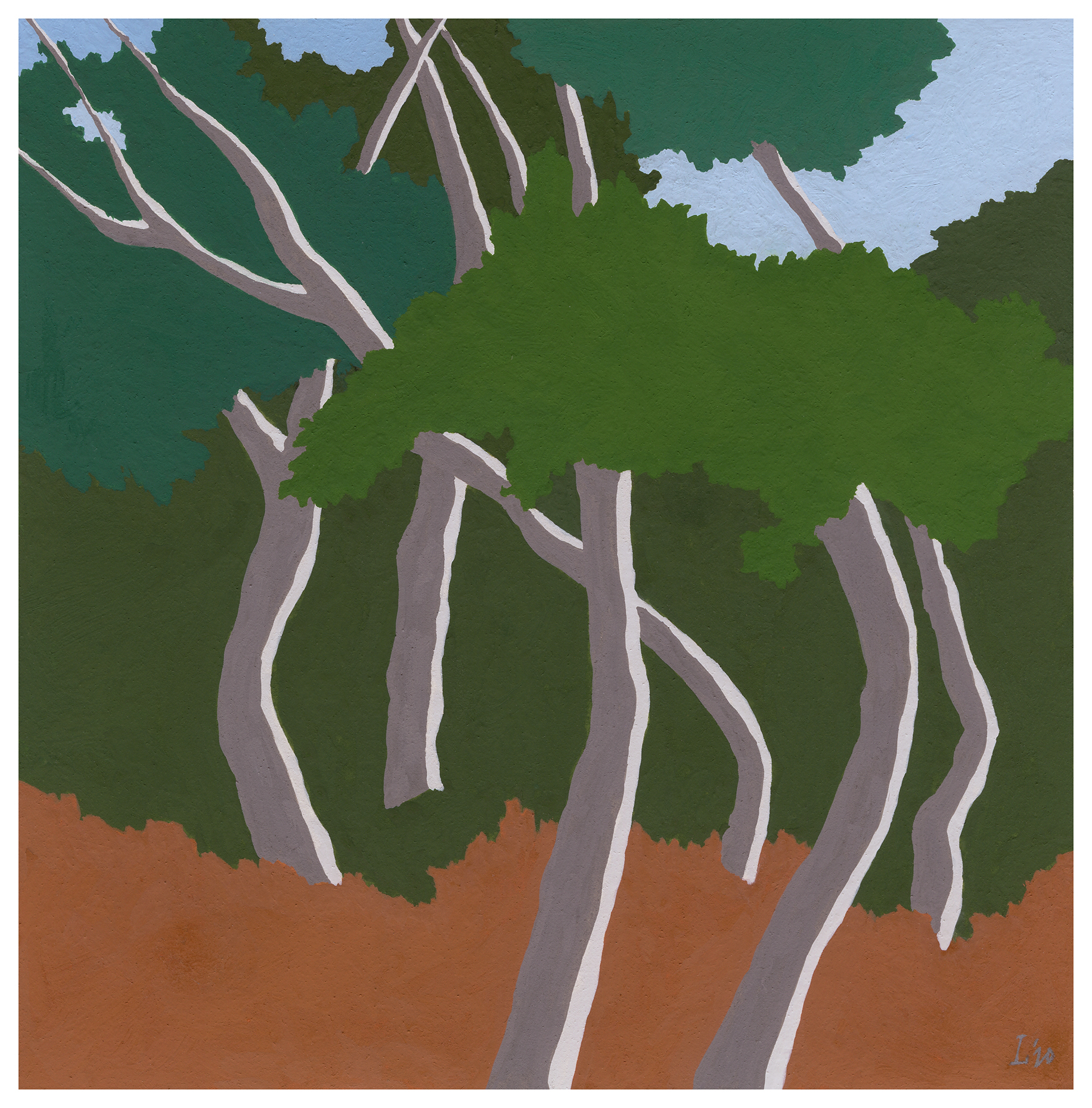 a pristine day at the forest's edge, ibiza,2020,6"x5 7-8" gouache + acryla gouache on arches hot pressed